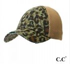 C.C. Green Leopard Print Distressed Hat Vintage Pony Cap with Knit Mesh Back