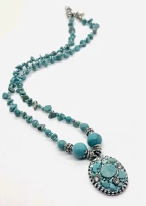 Pendant Necklace Blue Howlite Size 60cm Beaded Rhinestone Silver Tone Boho - Picture 1 of 10