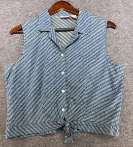 St. John’s Bay Crop Top Blue Floral Striped Button Up Tie Front Sleeveless Shirt - Picture 1 of 9