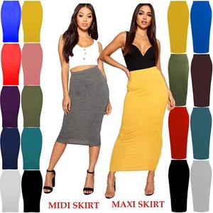 Womens Plain Jersey Bodycon Tube Long Maxi Skirts Ladies Midi Pencil Skirt 6-14 - Picture 1 of 191