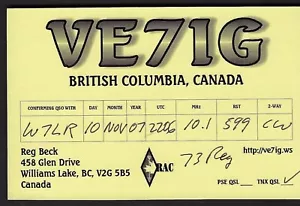 QSL QSO CB CARD""VE7IG,Reg Beck,06", British Columbia, Canada (Q6536) - Foto 1 di 1