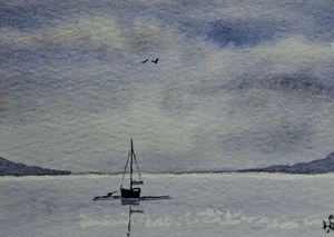 Original ACEO Miniature Watercolour Painting. Boat, Mountains, Seascape. - Picture 1 of 1