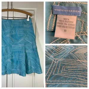 White & Warren Turquoise Embroidered Geometric Skirt Womens 8 Office Church - Afbeelding 1 van 11