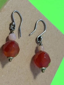 Gorgeous Carved CARNELIAN & PINK ANGEL CORAL Sterling Silver Dangle 925 Earrings - Picture 1 of 2