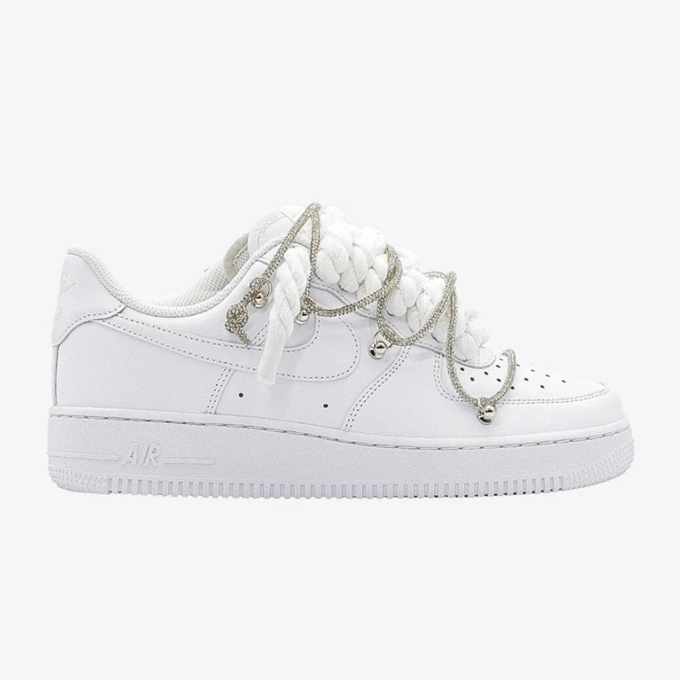 Nike Air Force 1 Custom White Rope Laces Off Swarovski Glitzer Strass Silber Si