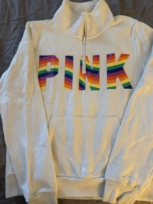 Victoria's Secret ROSA Pequeña Orgullo Arco Iris Media Cremallera Pullover Sudadera Blanca Foto 1 de 4