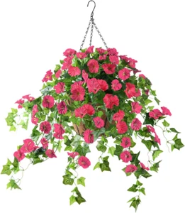 Hanging Basket with Artificial Vine Silk Flowers Patio Lawn Garden Decor (Red) - Picture 1 of 12