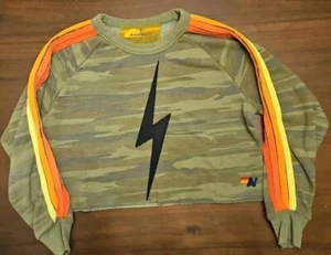 Women’s Aviator Nation Striped Cropped Sweatshirt In Camo /Neon 4 Stripes, XS - Picture 1 of 6