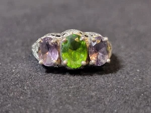 Natural Amethyst & Peridot 925 Sterling Silver Vintage Style Ring Size 6 0706 - Picture 1 of 9