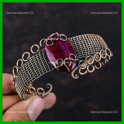 Brazalete Brazalete Cachemira Rubí Piedras Preciosas Cobre Moda Artesanal Envuelto en Alambre Foto 1 de 4