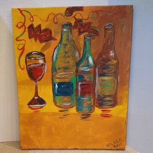 16" X 20" Signed Date Original Oil Canvas Painting Still Life Wine Bottles NEW - Picture 1 of 3
