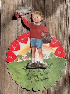 Valentines Day Card Paper Die Cut ephemera stand up Boy Vtg Signed Bird Hearts - Picture 1 of 8