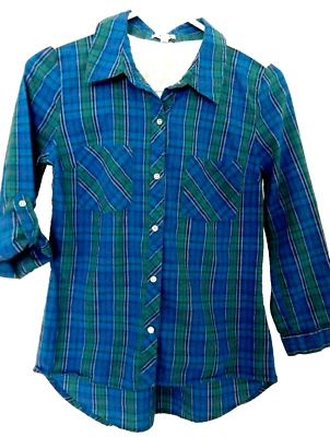 Camisa BONGO Elegante Inserción Trasera de Encaje Abotonada-M jr, Azul Multi Cuadros Foto 1 de 4