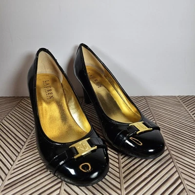 Lauren Ralph Lauren Shelbi Negro Charol Bomba Oro Logo Correa Placa Talla 6B Foto 1 de 4