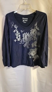 Langarmshirt Damen Hanes Größe XL blau geblümt V-Ausschnitt - Bild 1 von 5