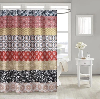 Bohemia Boho Rayas Exuberante Decoración Verde Teal Rojo Naranja Verde Cortina de Ducha 72 X 72 Nueva Foto 1 de 4