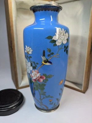 古董 CLOISONNE 花花瓶鸟日本罐装饰带盒 7.4 英寸 — 第 1/4 张图片
