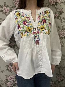 Top blusa Johnny Was bianco ruggine ricamato contadino boho floreale lino M - Foto 1 di 13