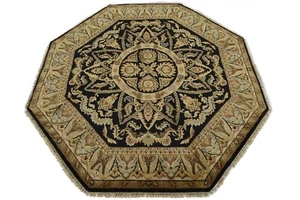 Agra Rug 6’1” x 6’4” Octagon Black Wool Traditional Hand-Knotted Oriental Carpet - Picture 1 of 12