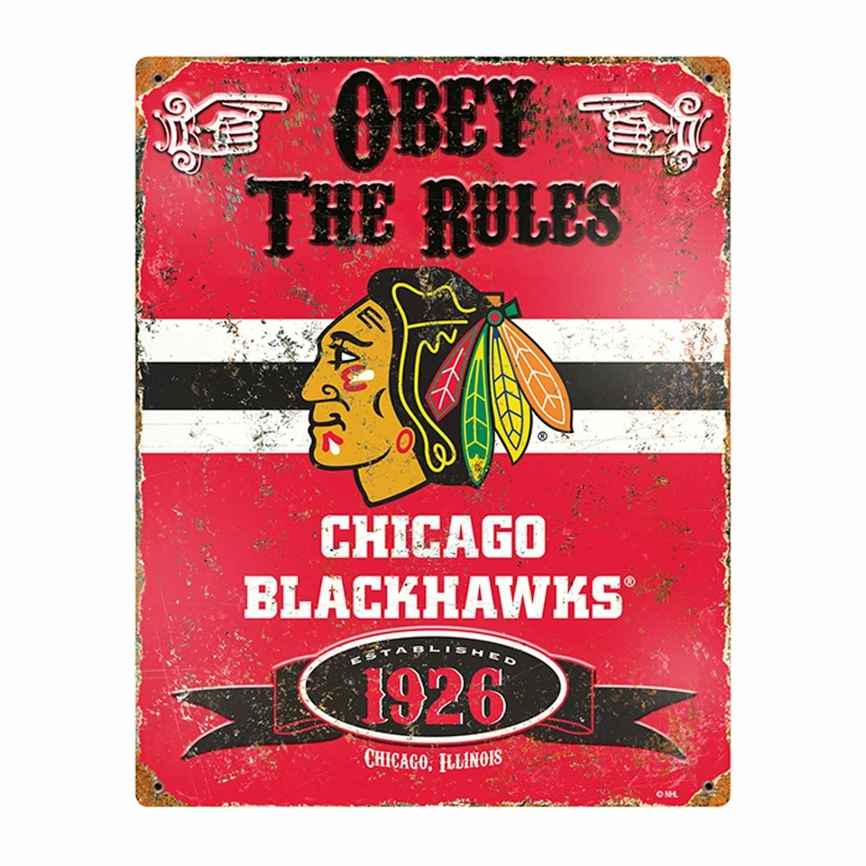 Chicago Blackhawks Metal Tin Sign NHL Embossed Vintage Pub Man Cave Wall Decor  - Image 1 of 1