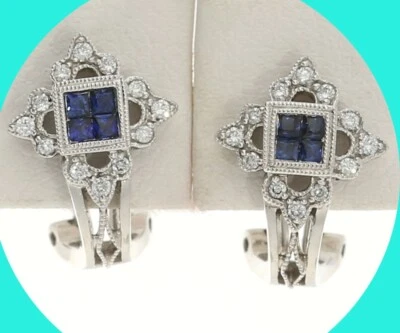 Diamond Sapphire J Hoop Earrings .37CT  H Color 18K White Gold 9/16” Long - Image 1 of 4