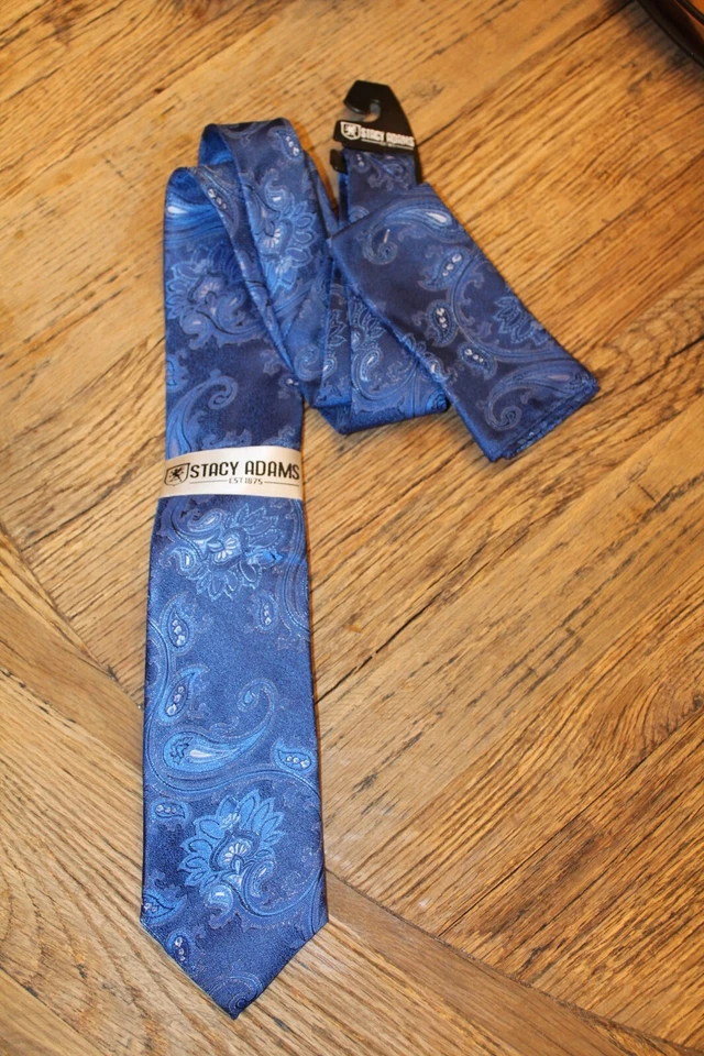 Mens Stacy Adams Blue Paisley Design Tie W/ Matching Pocket Square NEW - Image 1 of 1
