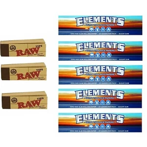 5x ELEMENTS KING SIZE Slim Rolling Ultra Thin Papers + 3x RAW ROACH TIPS Paper - Picture 1 of 1