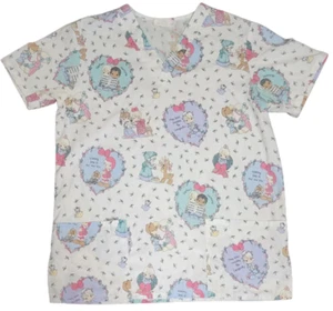 Precious Moments Scrub Top Spring Easter Green Tulips Fairy Butterfly Pastel (M) - Picture 1 of 3