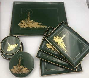 Lot Of OTAGIRI Japan Lacquerware Trays & Coasters Christmas Green Gold Gibson - Picture 1 of 15