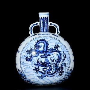 Fine Collectable Chinese Hand Blue&white Porcelain Dragon Flat Vase - Picture 1 of 9