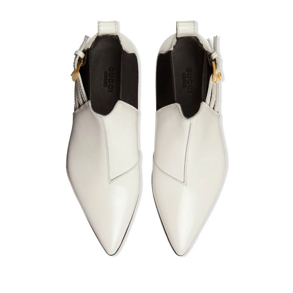 Gucci Botines Cuero Blanco 6 Triple Correa Hebilla Cordobés Italia Punta Foto 1 de 4