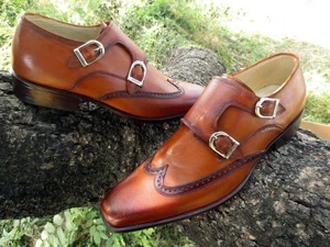 Handmade Men Monk Brogue Leather Shoes Wing Tip Buckle Premium Quality - Picture 1 of 6