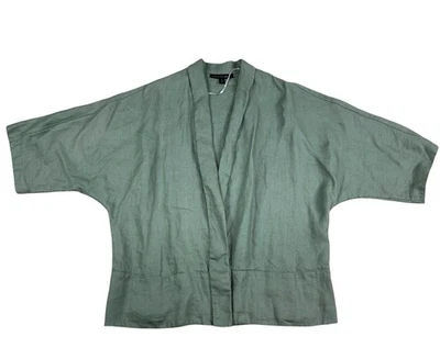 Lafayette 148 New York Open Front Linen Kimono Jacket Cardigan Green Women Large - Image 1 of 4