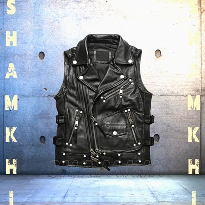 Men's Cowhide Leather Motorcycle Vest Biker Studded Punk Style Street Vests New - Image 1 of 2