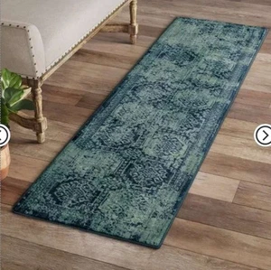 New. Beautiful. New. Beautiful 2'×7' Overdyed Distressed Area Rug Blues & Teals - Picture 1 of 3