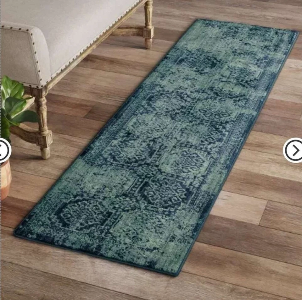 New. Beautiful. New. Beautiful 2'×7' Overdyed Distressed Area Rug Blues & Teals - Image 1 of 3