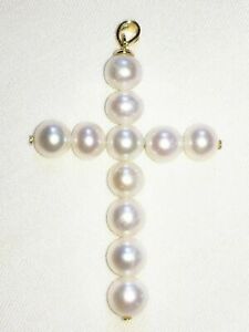 gorgeous AAA+ 7-8mm real natural White akoya round pearl Cross pendant 14k gold