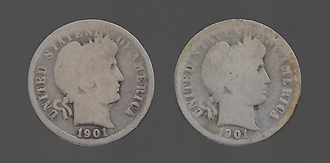 1901 & 1901 'O'  BARBER DIMES  90% SILVER Circulated Lot of 2 - Album Fillers Cover