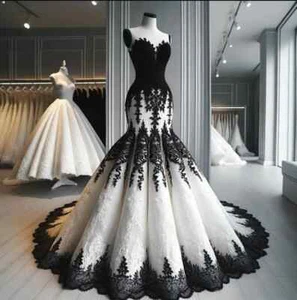 Gothic Black White Wedding Dresses Strapless Lace Appliques Mermaid Bridal Gowns - Picture 1 of 9