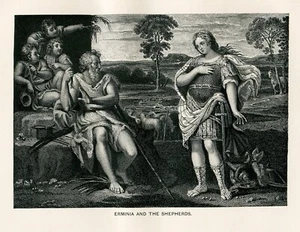 Erminia and Shepherds, warrior woman, 1892 vintage B&W art print - Picture 1 of 3