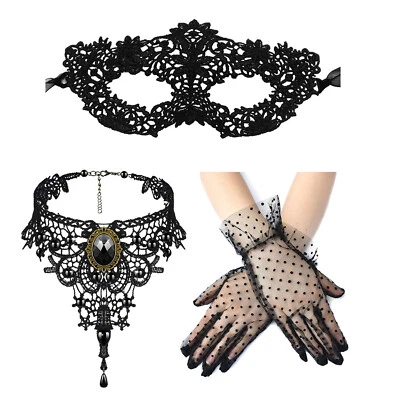 3pcs Masquerade Costume Set for Women Lace Masquerade Mask Gloves Gothic Choker - Image 1 of 4