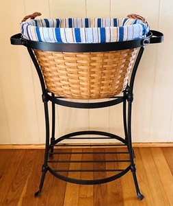Vintage Longaberger Large Beverage Tub Basket With Stand With Cabana Blue Liner - Picture 1 of 10