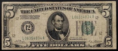 1928 $5 Federal Reserve Note "Big 12" San Francisco! Gold Clause! Fr# 1950 L. - Image 1 of 4