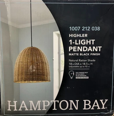 Hampton Bay Highler 1-Light 18 in. Matte Black Pendant Natural Rattan Shade - Image 1 of 3
