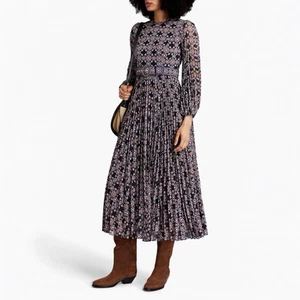 Zimmermann Sunray Pleated Midi Dress Size 4 / AU 16 / US 12 Navy Daisy Beltedp - Picture 1 of 8
