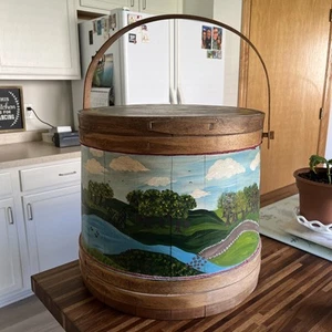 Vintage Extra Large Firkin 14”H X 15”W Primitive Hand Painted Wood Bucket Lid - Picture 1 of 15