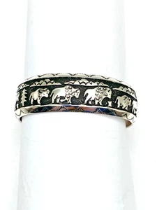 Sterling Overlay Pictorial Cuff Bracelet Buffalo Nature Navajo T&R Singer New - Picture 1 of 14