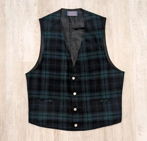 Vintage Pendleton Vest Mens 38 Small Black Watch Tartan Plaid Wool Waistcoat - Picture 1 of 10