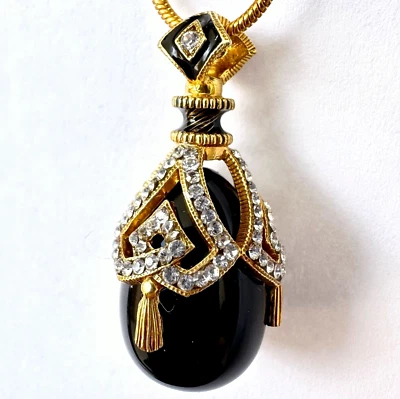 Sterling Black Onyx Faberge Art Deco Egg Pendant Swarovski Crystals Enamel Hoops - Image 1 of 4