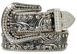 Nocona Western Girls Belt Youth Tooled Floral Crystals Black Silver N4443065 - Picture 1 of 1